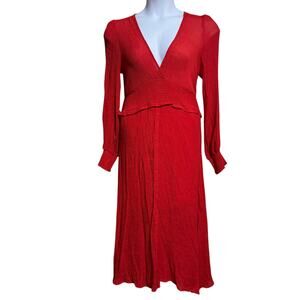 Lulus Go For It Red Long Sleeve Midi Dress with smocking - Large